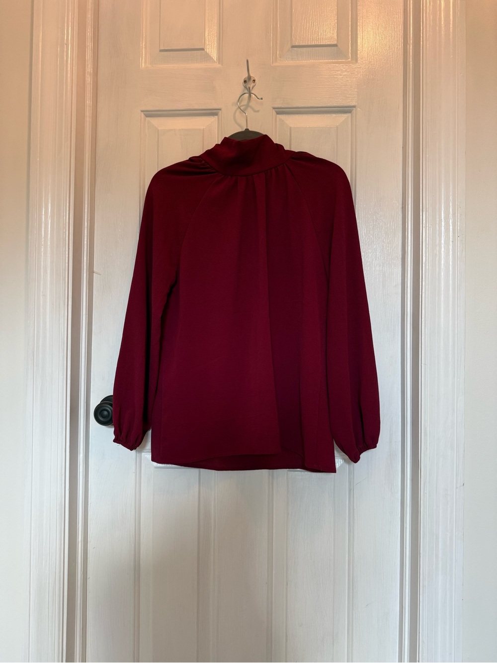 Wine Mock-Neck Long-Sleeve Blouse with Draped Front